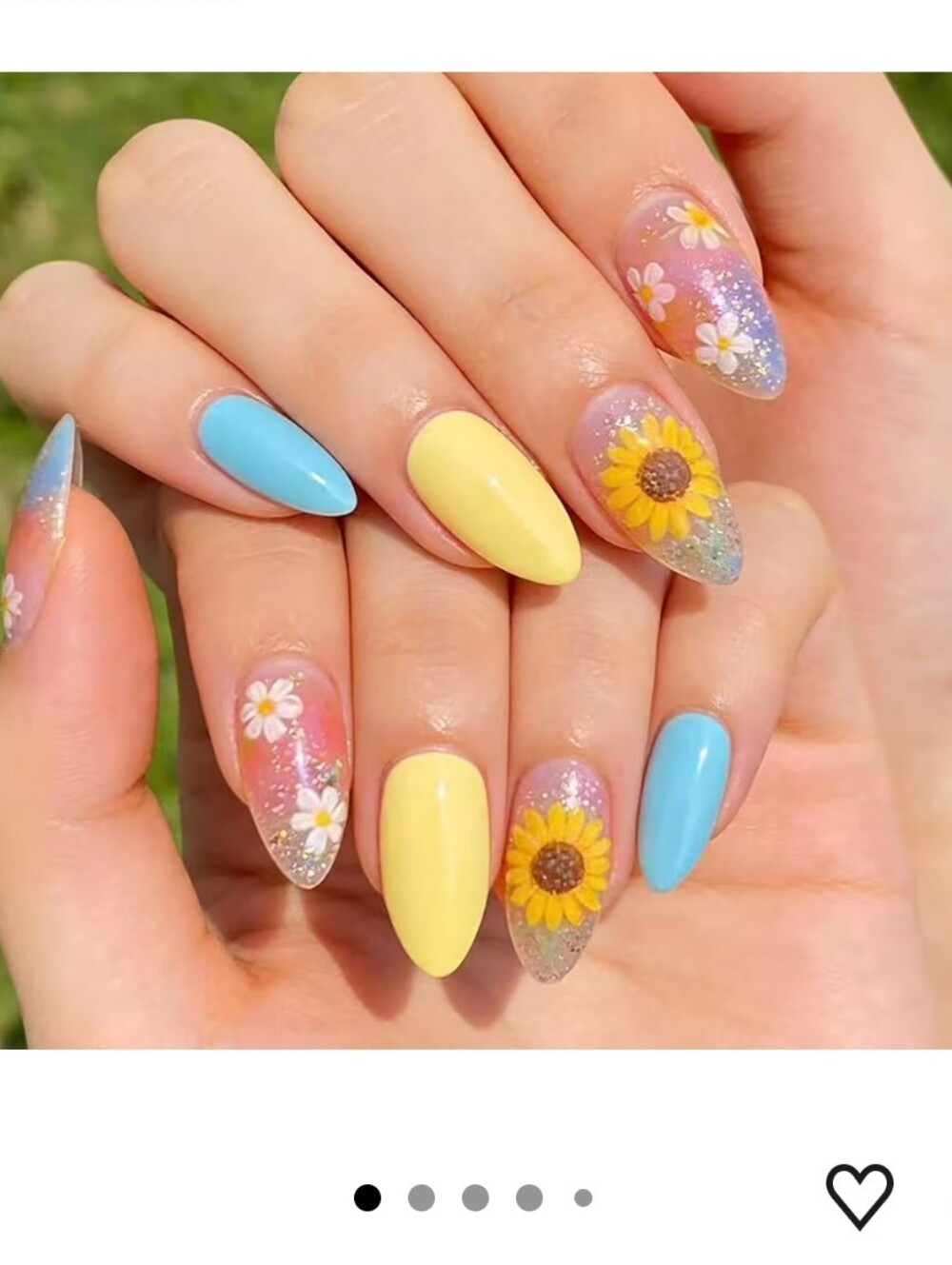 24Pcs Flower Press on Nails,Medium Almond Sunflower